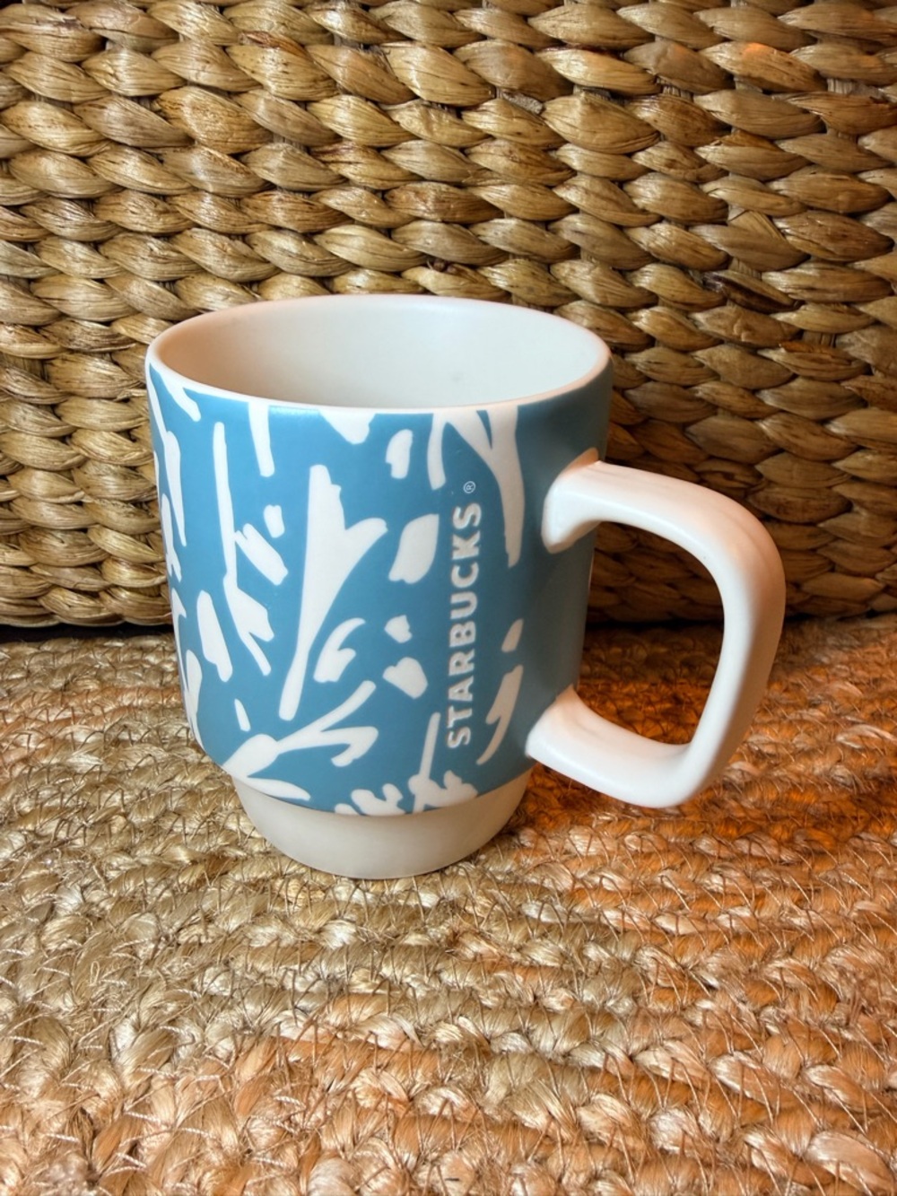 Starbucks White and Teal Blue Botanical Pattern Stackable Ceramic Mug